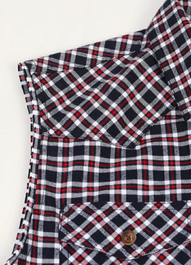 Detail of sleeveless on men's crimson storm flannel cotton plaid vest