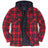 Front view of red navy men's cozy thick plaid hooded flannel shirt jacket