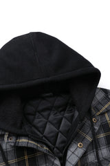 Close-up of the hood of ashen gold men's thick plaid hooded flannel jacket