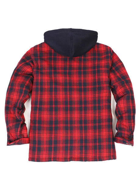 Back view of red navy men's cozy quilted lined plaid flannel shacket