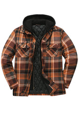 Front view of brown men's warm thicken plaid hooded flannel shirt jacket