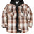 Front view of maple men's flannel shacket with quilted lined