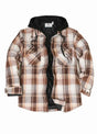 Front view of maple men's flannel shacket with quilted lined