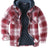 Front view of burgundy red men's cozy thick plaid hooded flannel shirt jacket