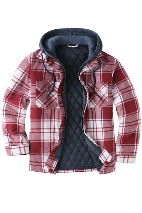 Front view of burgundy red men's cozy thick plaid hooded flannel shirt jacket