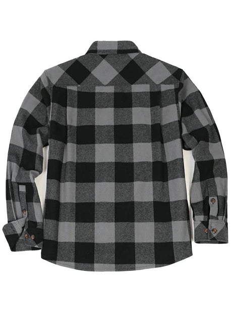 Back view of gray men's stalwart heavyweight cotton flannel shirt