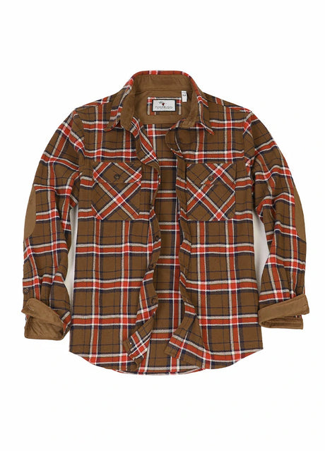 Front view of copper fire men's rugged ridge flannel shirt