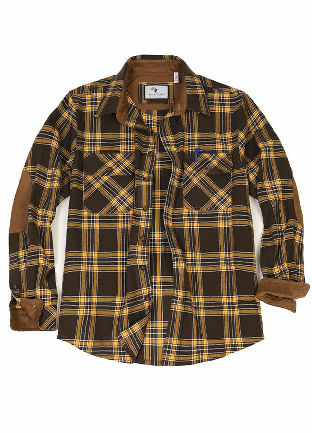 Front view of autumn gold men's rugged ridge flannel shirt 