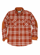 Front view of button closed rust red men's rugged ridge plaid flannel shirt