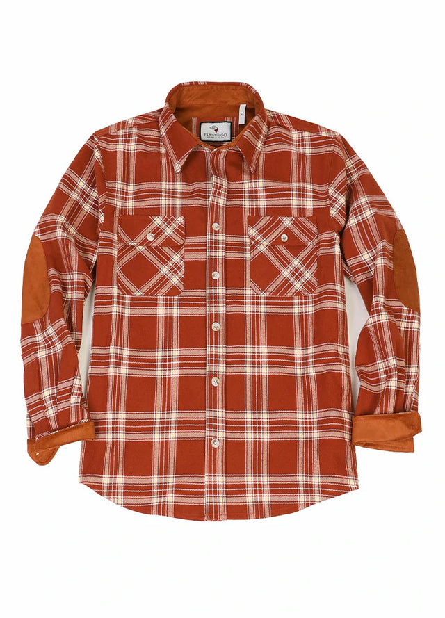 Front view of button closed rust red men's rugged ridge plaid flannel shirt