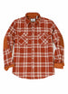 Front view of button closed rust red men's rugged ridge plaid flannel shirt