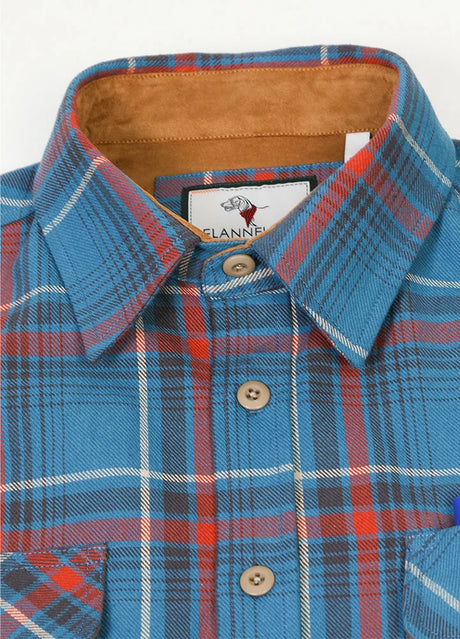 Close-up of the lapel of peacock blue men's rugged ridge suede flannel shirt 