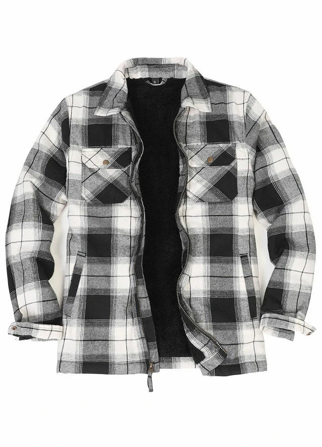 Front view of midnight snowfall men's fleece lined flannel plaid shirt jacket