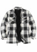 Front view of midnight snowfall men's fleece lined flannel plaid shirt jacket