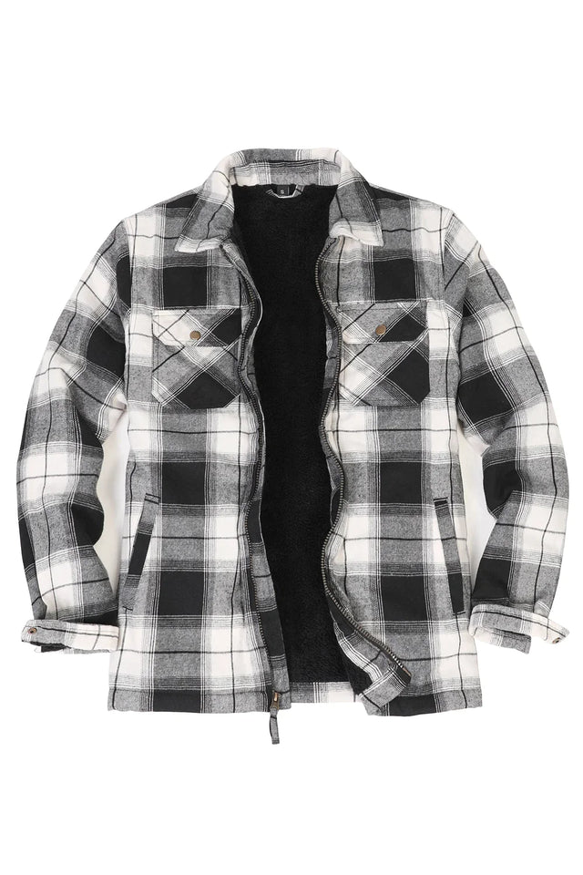 Front view of midnight snowfall men's fleece lined flannel plaid shirt jacket