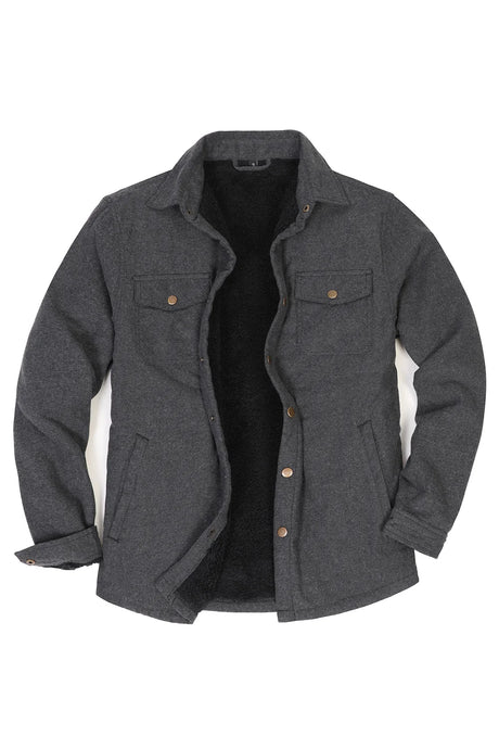 Front view of dark grey men's soft snap button flannel checked jacket