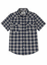 Front view of stormy indigo men's snap button short sleeve western shirt