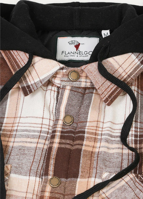 Close-up of the hood of maple men's flannel hooded jacket with quilted lining