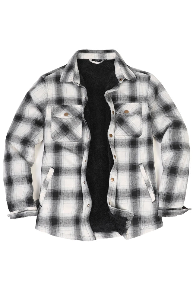 Front view of midnight snowfall men's soft snap button flannel checked jacket