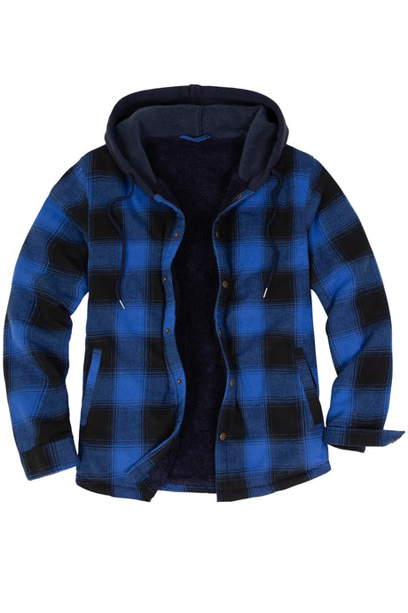  Front view of midnight blue men's hooded flannel plaid shirt jacket 