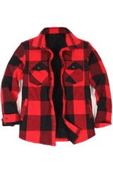 Front view of red black men's warm flannel cotton shirt jacket