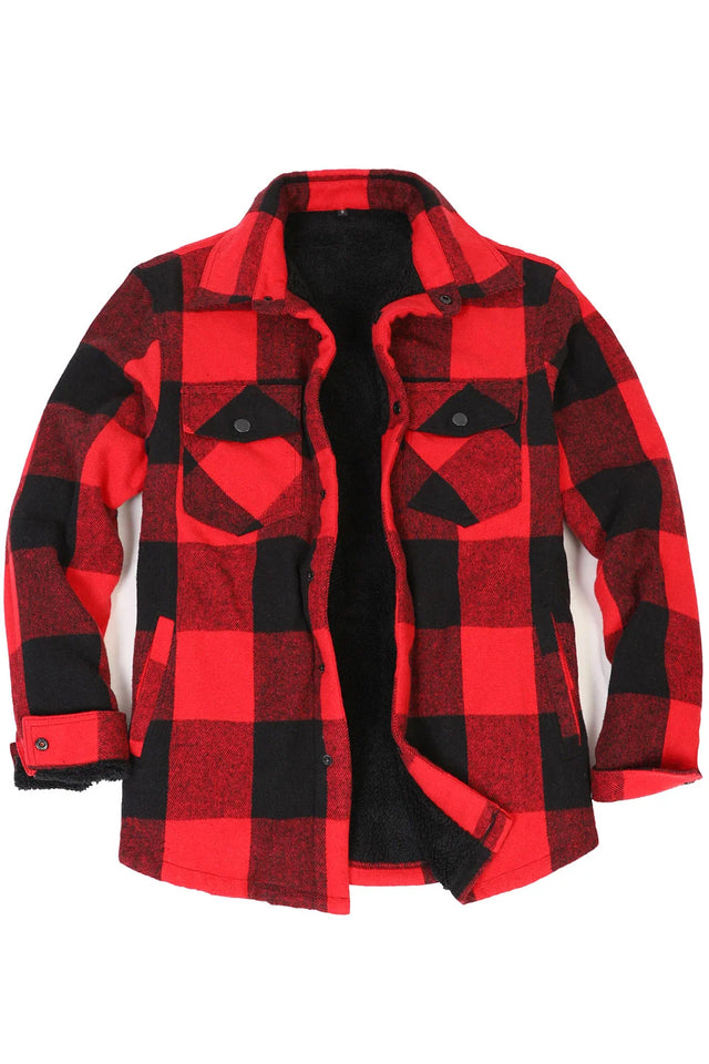 Front view of red black men's warm flannel cotton shirt jacket