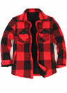 Front view of red black men's warm flannel cotton shirt jacket