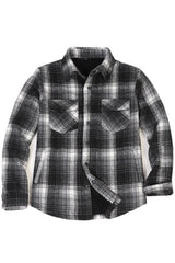 Front view of black white grey men's snap button flannel jacket with snap button closed 