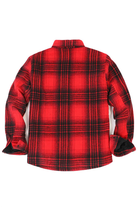 Back view of red men's warm flannel shacket with hand pockets