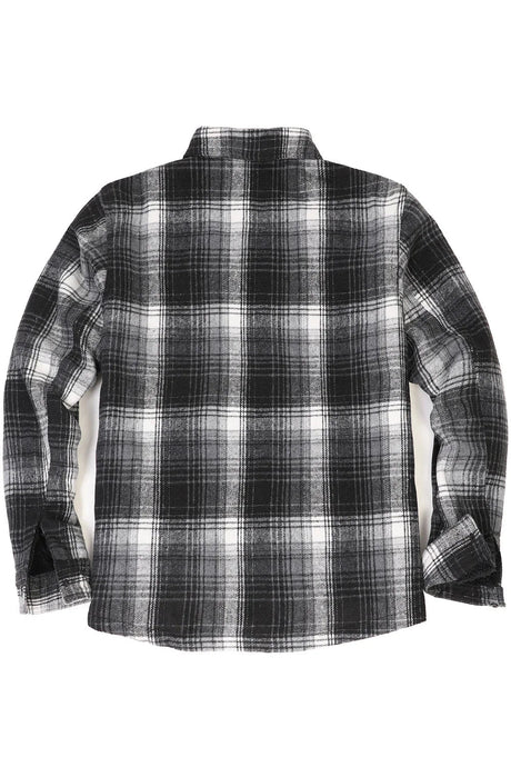 Back view of black white grey men's flannel plaid jacket with sherpa lining