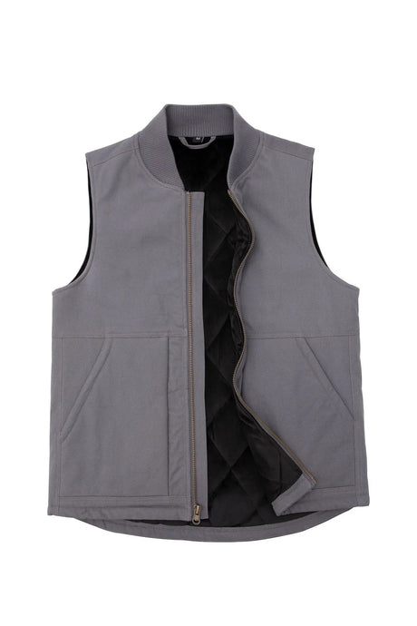 Front view of men's grey arctic quilted lined canvas work vest