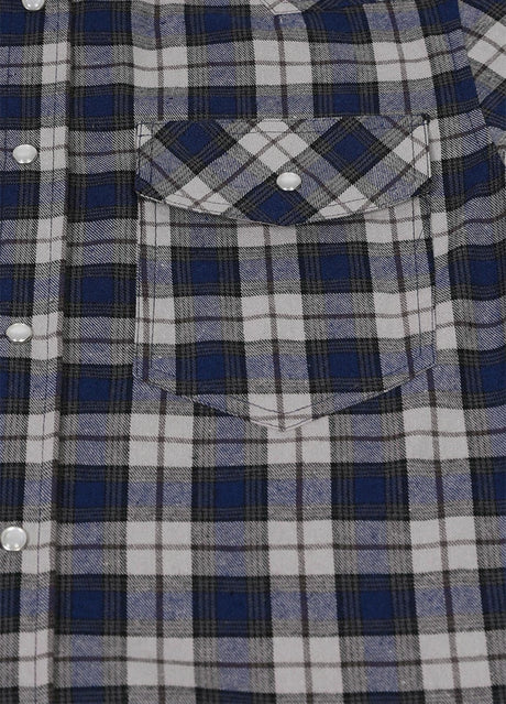 Detailed view of the pocket of stormy indigo men's short sleeve plaid shirt