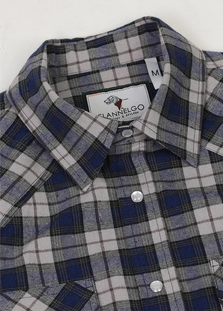 Close-up of the lapel of stormy indigo men's western short sleeve shirt