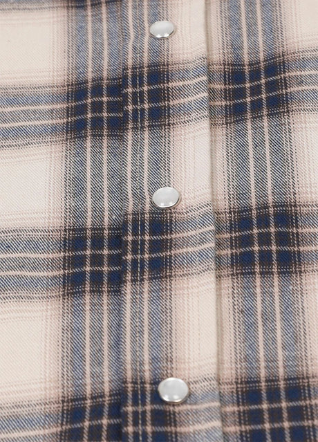 Close-up of the button of sandy azure plaid long sleeve western shirt for men