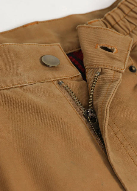 Close up of the zipper of khaki men's soft washed flannel lined pants