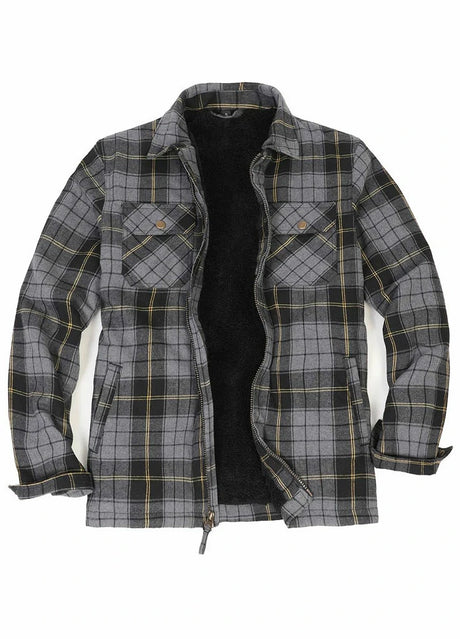 Front view of ashen gold men's fleece lined flannel plaid shirt jacket