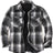 Front view of black white grey men's snap button flannel plaid shacket 