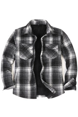 Front view of black white grey men's snap button flannel plaid shacket 