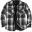 Front view of black white grey men's snap button flannel plaid shacket 