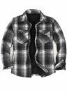 Front view of black white grey men's snap button flannel plaid shacket 