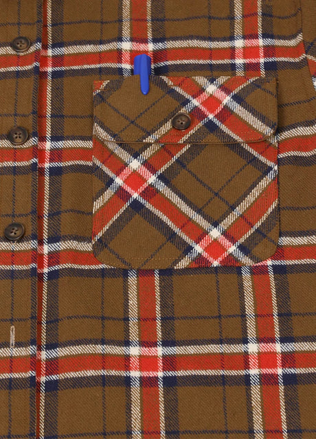 Detailed view of the pocket of copper fire men's rugged ridge burlyweight flannel shirt 