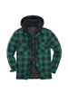 Front view of green buffalo plaid men's warm thicken plaid hooded flannel shirt jacket