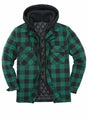 Front view of green buffalo plaid men's warm thicken plaid hooded flannel shirt jacket