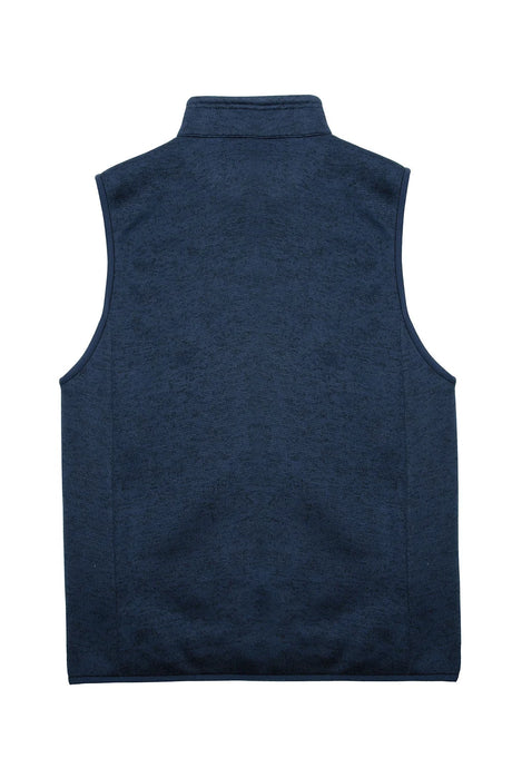 Back view of dark blue men's sweater fleece vest with sherpa lining