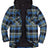 Front view of blue green black men's sherpa lined flannel jacket with hood