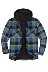 Front view of blue green black men's sherpa lined flannel jacket with hood