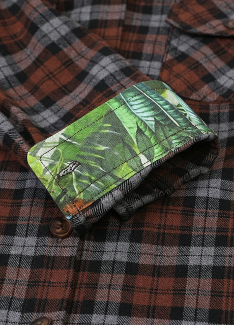 Kids wildlife adventure flannel plaid shirt cuffs with wildlife pattern detail