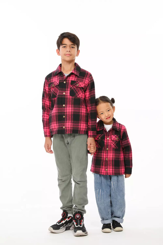 Two children in pink toddler sherpa lined flannel plaid shacket