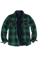 Front view of green men's soft snap button flannel checked jacket