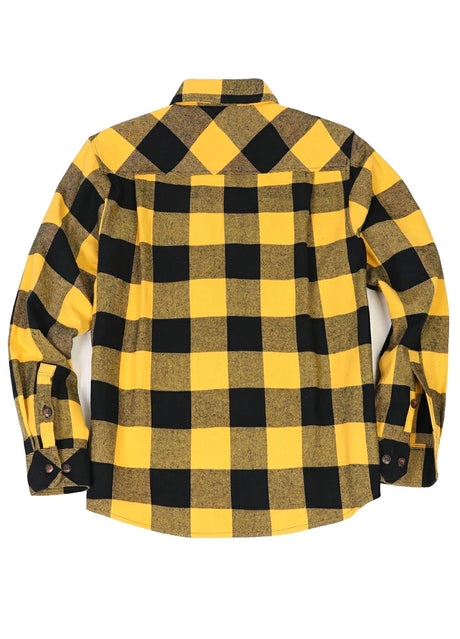 Back view of yellow black men's stalwart heavyweight cotton flannel shirt